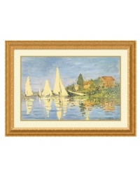 Sailboats pull away from the banks into the shimmering River Seine in Claude Monet's Boating at Argenteuil, 1872. A fine wooden frame with embossed detail and a radiant gold hue complements the artist's masterful use of light. Sailboats pull away from the banks into the shimmering River Seine in Claude Monet's Boating at Argenteuil, 1872. A fine wooden frame with embossed detail and a radiant gold hue complements the artist's masterful use of light.