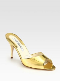 Mirrored metallic leather slide with a slight heel and padded insole. Self-covered heel, 3 (75mm)Metallic leather upperLeather lining and solePadded insoleMade in ItalyOUR FIT MODEL RECOMMENDS ordering one half size up as this style runs small. Mirrored metallic leather slide with a slight heel and padded insole. Self-covered heel, 3 (75mm)Metallic leather upperLeather lining and solePadded insoleMade in ItalyOUR FIT MODEL RECOMMENDS ordering one half size up as this style runs small.