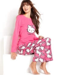 Absolutely warm and totally cute. Hello Kitty's Bundled Up top and pajama pants set feature a fun Hello Kitty logo and comes folded with gift ribbon and tag. Absolutely warm and totally cute. Hello Kitty's Bundled Up top and pajama pants set feature a fun Hello Kitty logo and comes folded with gift ribbon and tag.