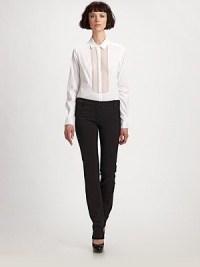 THE LOOKButton closure at collarButton-down placketSheer silk tuxedo-style pintucked frontLong sleeves with button cuffsCurved hemTHE FITAbout 26 from shoulder to hemTHE MATERIAL68% cotton/27% nylon/5% spandexSilk contrastCARE & ORIGINDry cleanImported THE LOOKButton closure at collarButton-down placketSheer silk tuxedo-style pintucked frontLong sleeves with button cuffsCurved hemTHE FITAbout 26 from shoulder to hemTHE MATERIAL68% cotton/27% nylon/5% spandexSilk contrastCARE & ORIGINDry cleanImported