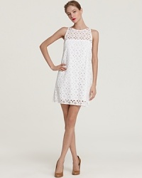 A '60s-inspired shift silhouette brings retro-chic to this ultra-femme Milly eyelet dress. A '60s-inspired shift silhouette brings retro-chic to this ultra-femme Milly eyelet dress.