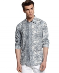 Show off your wild style with this snake print shirt from Andrew Charles. Show off your wild style with this snake print shirt from Andrew Charles.