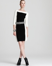 In line with the season's color-block trend, this black and white Milly dress features a chic striped bow belt that detaches for wear-with-or-without style. A silhouette with modern edge, it's effortlessly cool with an armful of silver bangles and tough-luxe booties. In line with the season's color-block trend, this black and white Milly dress features a chic striped bow belt that detaches for wear-with-or-without style. A silhouette with modern edge, it's effortlessly cool with an armful of silver bangles and tough-luxe booties.