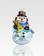 A top-hatted snowman adorned with charming Russian scenes has dazzling touches of glitter and gold atop his mouth-blown, hand-painted form.Glass6.25H X 3.5W X 3.5DImported