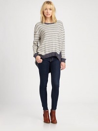 Dramatically dropped shoulders and a contrasting asymmetrical hem vitalize this striped fleece essential. RoundneckDropped shouldersLong sleevesAsymmetrical hi-lo hem51% cotton/49% rayonMachine washMade in USAModel shown is 5'10 (177cm) wearing US size Small. Dramatically dropped shoulders and a contrasting asymmetrical hem vitalize this striped fleece essential. RoundneckDropped shouldersLong sleevesAsymmetrical hi-lo hem51% cotton/49% rayonMachine washMade in USAModel shown is 5'10 (177cm) wearing US size Small.