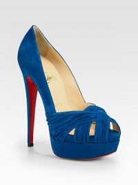 Bands of ruched suede intertwine and twist, forming this sky-high peep toe pump in a vivid hue. Self-covered heel, 6 (150mm)Covered platform, 1¾ (45mm)Compares to a 4¼ heel (110mm)Suede upperPeep toeLeather liningSignature red leather solePadded insoleMade in ItalyOUR FIT MODEL RECOMMENDS ordering true size. Bands of ruched suede intertwine and twist, forming this sky-high peep toe pump in a vivid hue. Self-covered heel, 6 (150mm)Covered platform, 1¾ (45mm)Compares to a 4¼ heel (110mm)Suede upperPeep toeLeather liningSignature red leather solePadded insoleMade in ItalyOUR FIT MODEL RECOMMENDS ordering true size.