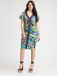 A lively print reminiscent of 60s-era glamour meets a sexy animal-print trim and flattering front ruching. V-neckFlutter sleevesContrast animal-print trimBody-flattering gathered details throughout bodiceBack seamAbout 28 from natural waist95% silk/5% elastaneDry cleanImported A lively print reminiscent of 60s-era glamour meets a sexy animal-print trim and flattering front ruching. V-neckFlutter sleevesContrast animal-print trimBody-flattering gathered details throughout bodiceBack seamAbout 28 from natural waist95% silk/5% elastaneDry cleanImported