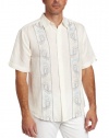 Cubavera Men's Short Sleeve Linen Blend Printed Panel And Embroidered Paisley Design