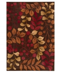 A warm, inviting color palette is woven over earthy brown in a stunning leaf and branch design from Nourison. Hand tufted of long polyester fibers for added strength and softness, the Contour area rug creates an ideal accent for any modern room. (Clearance) A warm, inviting color palette is woven over earthy brown in a stunning leaf and branch design from Nourison. Hand tufted of long polyester fibers for added strength and softness, the Contour area rug creates an ideal accent for any modern room. (Clearance)