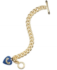 Juicy Couture's lovely bracelet gets your heart racing with a banner heart charm embellished with blue pave accents. Complete with a toggle closure. Chain crafted in gold tone stainless steel. Charms crafted in gold tone mixed metal. Approximate length: 7 inches. Approximate drop: 1 inch. Juicy Couture's lovely bracelet gets your heart racing with a banner heart charm embellished with blue pave accents. Complete with a toggle closure. Chain crafted in gold tone stainless steel. Charms crafted in gold tone mixed metal. Approximate length: 7 inches. Approximate drop: 1 inch.
