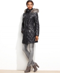 Cute diamond-pattern quilting and faux fur trim give GUESS' puffer coat a luxe look. Wear it with the zip-off hood on extra-cold days! Cute diamond-pattern quilting and faux fur trim give GUESS' puffer coat a luxe look. Wear it with the zip-off hood on extra-cold days!