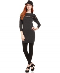 A sheer lace inset adds a hint of sexiness to this otherwise basic Bar III sweater dress -- pair it with tights and boots to complete the look! A sheer lace inset adds a hint of sexiness to this otherwise basic Bar III sweater dress -- pair it with tights and boots to complete the look!