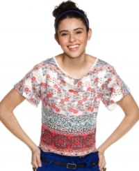Add perforated cool to your stock of cute tops with this mixed print top that boasts holes galore! Add perforated cool to your stock of cute tops with this mixed print top that boasts holes galore!