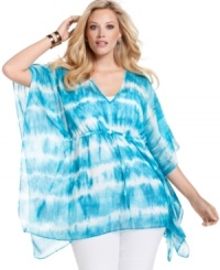 Capture a bohemian vibe with MICHAEL Michael Kors' batwing sleeve plus size top, refreshed by an airy tie-dye print. Capture a bohemian vibe with MICHAEL Michael Kors' batwing sleeve plus size top, refreshed by an airy tie-dye print.