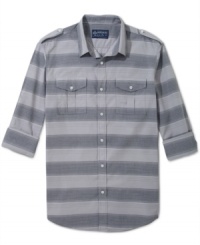 Thick stripes and modern accents give this American Rag button down it's cool personality. Thick stripes and modern accents give this American Rag button down it's cool personality.