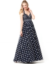 Polka dots keep things playful on Adrianna Papell's evening gown. The navy and white colors are perfect for pairing with pearls or red accessories! (Clearance)