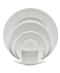 Wedgwood substitutes texture for tone in the timeless Intaglio place settings. White bone china embossed with intricate geometric patterns is undeniably modern but inspired by Georgian-era designs. Wedgwood substitutes texture for tone in the timeless Intaglio place settings. White bone china embossed with intricate geometric patterns is undeniably modern but inspired by Georgian-era designs.