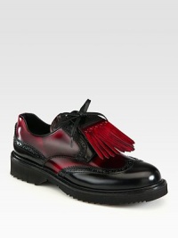 Bi-Color spazzolato lace-up design with wingtip detail and removable kiltie. Foam heel, 1¼ (30mm)Foam platform, ½ (15mm)Compares to a ¾ heel (20mm)Leather upperLeather liningRubber solePadded insoleMade in Italy Bi-Color spazzolato lace-up design with wingtip detail and removable kiltie. Foam heel, 1¼ (30mm)Foam platform, ½ (15mm)Compares to a ¾ heel (20mm)Leather upperLeather liningRubber solePadded insoleMade in Italy