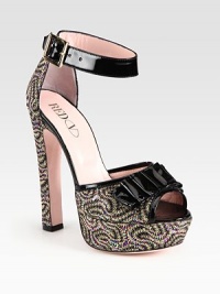 Sparkling, metallic Lurex platform sandal has an adjustable ankle strap, contrasting patent leather trim and a bow adornment. Self-covered heel, 5½ (140mm)Covered platform, 1 (25mm)Compares to a 4½ heel (115mm)Metallic Lurex, glitter and patent leather upperLeather lining and solePadded insoleMade in Italy Sparkling, metallic Lurex platform sandal has an adjustable ankle strap, contrasting patent leather trim and a bow adornment. Self-covered heel, 5½ (140mm)Covered platform, 1 (25mm)Compares to a 4½ heel (115mm)Metallic Lurex, glitter and patent leather upperLeather lining and solePadded insoleMade in Italy