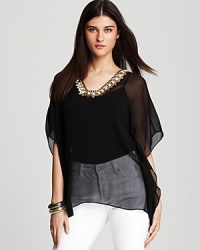 Intricate embellishment and sheer silk infuse this Karen Kane top with regal elegance. Garnish with gold accents for full-on glamour. Intricate embellishment and sheer silk infuse this Karen Kane top with regal elegance. Garnish with gold accents for full-on glamour.