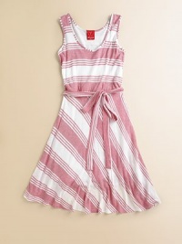 Designed in a classic tank silhouette, this flowy frock is complimented by colorful stripes and a cinched, belted waist.ScoopneckSleevelessPullover stylingBelted waistRayonHand washImported Designed in a classic tank silhouette, this flowy frock is complimented by colorful stripes and a cinched, belted waist.ScoopneckSleevelessPullover stylingBelted waistRayonHand washImported