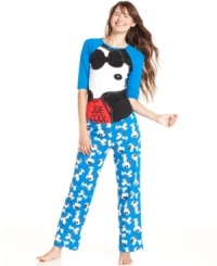 Lounge around with everyone's favorite dog. Briefly Stated's Snoopy 3/4 sleeve knit top is baseball-style and features a bold snoopy graphic on the front. The full-length pants are extra comfy with an elastic waistband and drawstring closure. Lounge around with everyone's favorite dog. Briefly Stated's Snoopy 3/4 sleeve knit top is baseball-style and features a bold snoopy graphic on the front. The full-length pants are extra comfy with an elastic waistband and drawstring closure.
