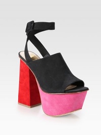 Lifted by an ultra-chunky suede heel and platform, this boldly colorblocked leather design has an adjustable wrap-around ankle strap. Suede heel, 5 (125mm)Suede platform, 2 (50mm)Compares to a 3 heel (75mm)Nubuck leather upperLeather lining and solePadded insoleImported Lifted by an ultra-chunky suede heel and platform, this boldly colorblocked leather design has an adjustable wrap-around ankle strap. Suede heel, 5 (125mm)Suede platform, 2 (50mm)Compares to a 3 heel (75mm)Nubuck leather upperLeather lining and solePadded insoleImported