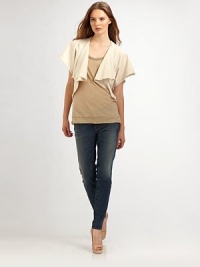A great transitional piece with an open front design and beautiful draping.Open front Short sleeves Asymmetrical hem About 22 from shoulder to hem 96% cotton/4% spandex Machine wash Imported A great transitional piece with an open front design and beautiful draping.Open front Short sleeves Asymmetrical hem About 22 from shoulder to hem 96% cotton/4% spandex Machine wash Imported