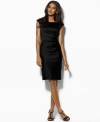 A chic boat neckline lends sophisticated appeal to this Lauren by Ralph Lauren dress, tailored from stretch satin with knife pleats at the left waist for a body-contouring fit.
