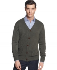 Button up your classic layered style with this patch-pocket cardigan sweater from Geoffrey Beene.