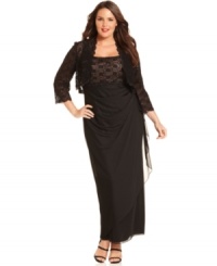Alex Evenings' beautiful plus size gown features a lace overlay at the bust and ruffled flyaway detail at the hip. A sheer, sequined bolero puts a glamorous finish on the look. Alex Evenings' beautiful plus size gown features a lace overlay at the bust and ruffled flyaway detail at the hip. A sheer, sequined bolero puts a glamorous finish on the look.