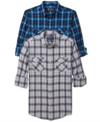 This American Rag flannel button down has a sleek and rugged style perfect to pair with your favorite jeans. This American Rag flannel button down has a sleek and rugged style perfect to pair with your favorite jeans.
