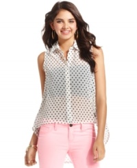 Ali & Kris gives the classic button-down top a summer-ready facelift, designing this style with sheer, printed chiffon and a hem that dips way low! Ali & Kris gives the classic button-down top a summer-ready facelift, designing this style with sheer, printed chiffon and a hem that dips way low!