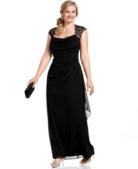 Lace cap sleeves romance the look of this plus size Xscape gown, infusing a touch of sophisticated luxe. A sheer ruffle that cascades from the hip adds extra intrigue to this dazzling dress. Lace cap sleeves romance the look of this plus size Xscape gown, infusing a touch of sophisticated luxe. A sheer ruffle that cascades from the hip adds extra intrigue to this dazzling dress.