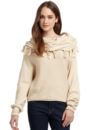 THE LOOKChunky cable knit draped collarDolman sleevesPullover styleTHE FITAbout 24 from shoulder to hemTHE MATERIALCotton/wool/nylonCARE & ORIGINDry cleanImportedModel shown is 5'10 (177cm) wearing US size Small. THE LOOKChunky cable knit draped collarDolman sleevesPullover styleTHE FITAbout 24 from shoulder to hemTHE MATERIALCotton/wool/nylonCARE & ORIGINDry cleanImportedModel shown is 5'10 (177cm) wearing US size Small.