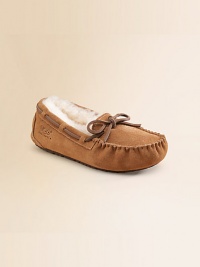 Suede moccasins fully lined in sheepskin to keep little toes nice and warm. Leather laces Embossed UGG logo Molded rubber sole Moisture-wicking sheepskin insole Imported Suede moccasins fully lined in sheepskin to keep little toes nice and warm. Leather laces Embossed UGG logo Molded rubber sole Moisture-wicking sheepskin insole Imported