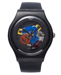 With a colorful array of exposed mechanisms, this Black Lacquered watch from Swatch lets it all hang out. With a colorful array of exposed mechanisms, this Black Lacquered watch from Swatch lets it all hang out.