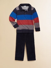 He'll look sharp in this sporty favorite with bold multicolored stripes and a preppy three-button placket.Point collarButton frontLong sleeves with ribbed cuffsRibbed hem50% cotton/50% modalMachine washImported Please note: Number of buttons may vary depending on size ordered. He'll look sharp in this sporty favorite with bold multicolored stripes and a preppy three-button placket.Point collarButton frontLong sleeves with ribbed cuffsRibbed hem50% cotton/50% modalMachine washImported Please note: Number of buttons may vary depending on size ordered.
