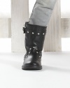 Supple leather boots adorned with studs and adjustable buckle strap.Side zipperLeather upperLeather liningRubber solePadded insoleImported