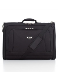 Your wardrobe gets carried away! Upgrade the way you travel with this convenient, compact-sized garment bag, which houses a fully-lined interior with a universal buckle to hold several hangers and keep your clothes wrinkle-free. A large locking front pocket, removable extender panel for longer garments and adjustable padded carry handle make this bag a first-class companion. Your wardrobe gets carried away! Upgrade the way you travel with this convenient, compact-sized garment bag, which houses a fully-lined interior with a universal buckle to hold several hangers and keep your clothes wrinkle-free. A large locking front pocket, removable extender panel for longer garments and adjustable padded carry handle make this bag a first-class companion.