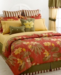 In warm and enticing tones, this jacquard woven Sanibel comforter set offers an exotic escape for the bedroom with bold blossoms and striped accents. Comes complete with all the pieces you need to transform the bedroom into the ultimate getaway spot. In warm and enticing tones, this jacquard woven Sanibel comforter set offers an exotic escape for the bedroom with bold blossoms and striped accents. Comes complete with all the pieces you need to transform the bedroom into the ultimate getaway spot.