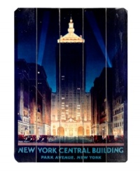 Offering a stupendous city view, this wooden sign brings the landmark Helmsley – formerly, New York Central – Building to light under a black night sky. An inspiring piece for city dwellings. Offering a stupendous city view, this wooden sign brings the landmark Helmsley – formerly, New York Central – Building to light under a black night sky. An inspiring piece for city dwellings.