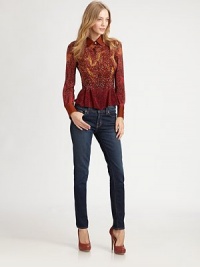 Styled in an ember-inspired print, this scorchingly chic silk top has a point collar that balances out a peplum hem. Point collarButton frontLong sleeves with buttoned cuffsPeplum hemSilkDry cleanMade in USA of imported fabricModel shown is 5'10 (177cm) wearing US size 2. Styled in an ember-inspired print, this scorchingly chic silk top has a point collar that balances out a peplum hem. Point collarButton frontLong sleeves with buttoned cuffsPeplum hemSilkDry cleanMade in USA of imported fabricModel shown is 5'10 (177cm) wearing US size 2.
