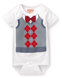 An dapper argyle and bow tie graphic prep up this basic Sara Kety bodysuit. An dapper argyle and bow tie graphic prep up this basic Sara Kety bodysuit.