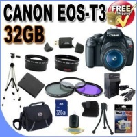 Canon EOS Rebel T3 12.2 MP CMOS Digital SLR with 18-55mm IS II Lens (Black)+58mm 2x Telephoto lens + 58mm Wide Angle Lens (3 Lens Kit!!!) W/32GB SDHC Memory +Extra Battery/Charger+3 PIece Filter Kit+Case+Full Size Tripod+Accessory Kit Canon EOS Rebel T3 12.2 MP CMOS Digital SLR with 18-55mm IS II Lens (Black)+58mm 2x Telephoto lens + 58mm Wide Angle Lens (3 Lens Kit!!!) W/32GB SDHC Memory +Extra Battery/Charger+3 PIece Filter Kit+Case+Full Size Tripod+Accessory Kit