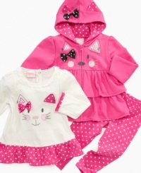 She'll love the lovely ruffles and cute kitty face, you'll love how comfy you can keep her in this hooded jacket, top and leggings set from Nannette. She'll love the lovely ruffles and cute kitty face, you'll love how comfy you can keep her in this hooded jacket, top and leggings set from Nannette.