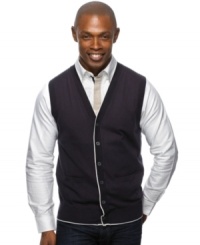 Button up and break out of your style funk with this tipped button-front sweater vest from Argyleculture. Button up and break out of your style funk with this tipped button-front sweater vest from Argyleculture.