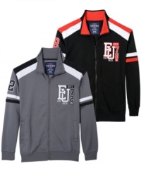 A vintage-look varsity track jacket that's anything but old school: Ecko Unltd's zip-up jacket with handwarmer pockets, double armband stripes, and EU heritage logo. A vintage-look varsity track jacket that's anything but old school: Ecko Unltd's zip-up jacket with handwarmer pockets, double armband stripes, and EU heritage logo.
