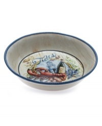 Fresh catch. See your food in a nautical setting with the vivid illustration and wooden pier motif of this Seafood Market serving bowl. Sculpted blue rope adds to its oceanside charm. From Certified International's collection of serveware and serving dishes. Fresh catch. See your food in a nautical setting with the vivid illustration and wooden pier motif of this Seafood Market serving bowl. Sculpted blue rope adds to its oceanside charm. From Certified International's collection of serveware and serving dishes.