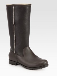 Style and function combine in this leather design with warm shearling trim and lining. Shaft, 12¾Leg circumference, 16Leather upperPull-on styleShearling liningRubber trek solePadded insoleImported Style and function combine in this leather design with warm shearling trim and lining. Shaft, 12¾Leg circumference, 16Leather upperPull-on styleShearling liningRubber trek solePadded insoleImported